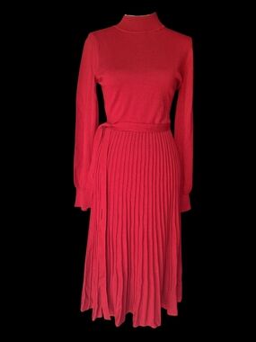 Nina Leonard Red Pleated Waist-Tie Knit Dress Midi S